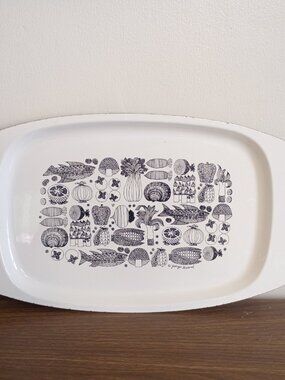 Vintage MCM GEORGES BRIARD Enamel Tray Black/White Veggies, Mushrooms, Fish